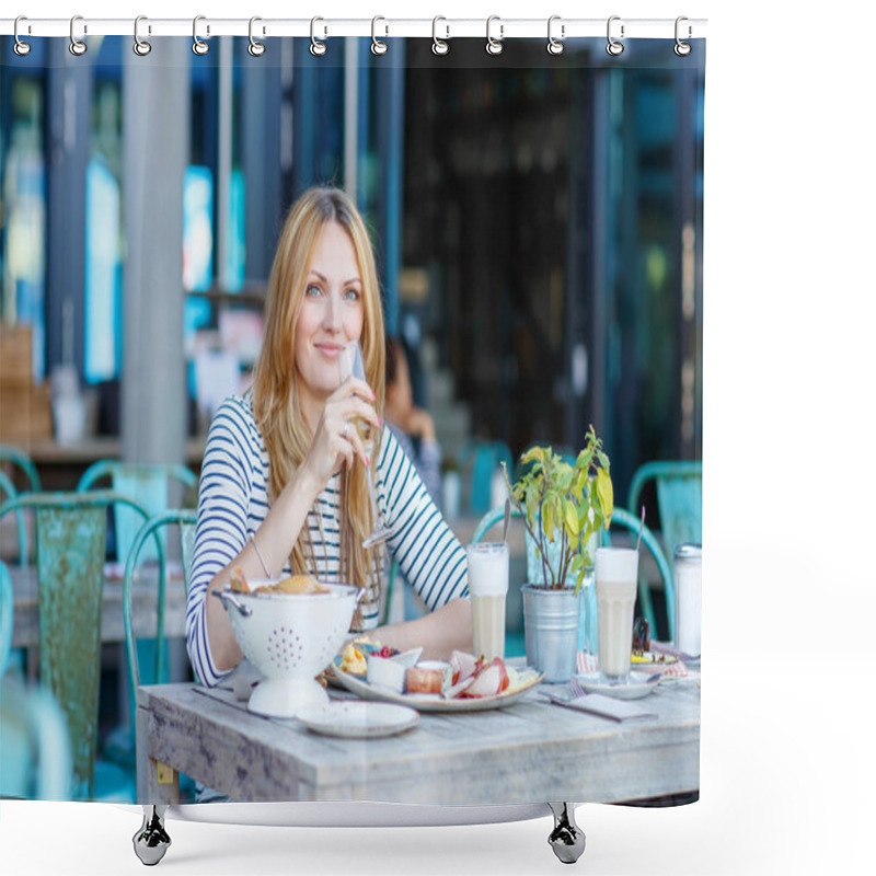 Personality  Young Woman Having Healthy Breakfast In Outdoor Cafe Shower Curtains