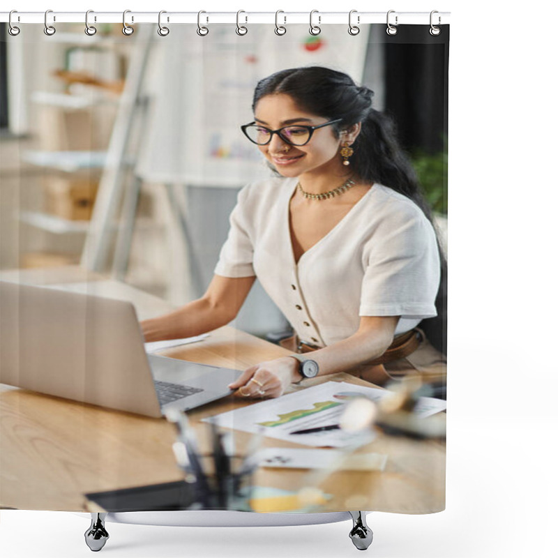 Personality  Young Indian Woman Energetically Working On A Laptop In An Office Setting. Shower Curtains