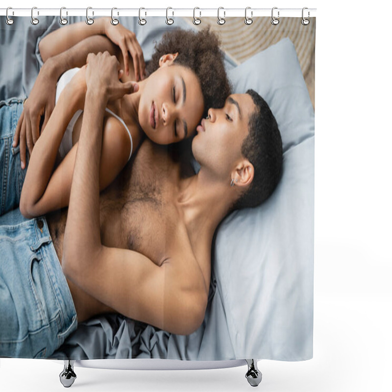 Personality  High Angle View Of Sexy Young African American Man Embracing Girlfriend Lying With Closed Eyes Shower Curtains