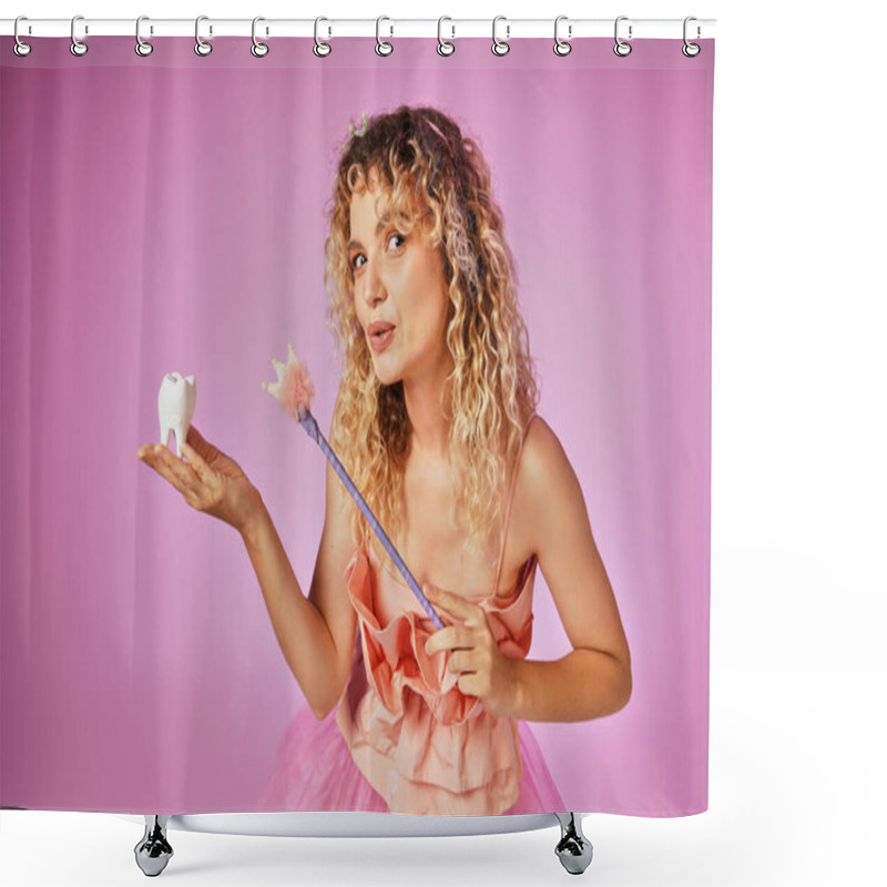 Personality  Lovely Blonde Woman In Tooth Fairy Costume Playfully Casting Spell On Baby Tooth With Her Magic Wand Shower Curtains