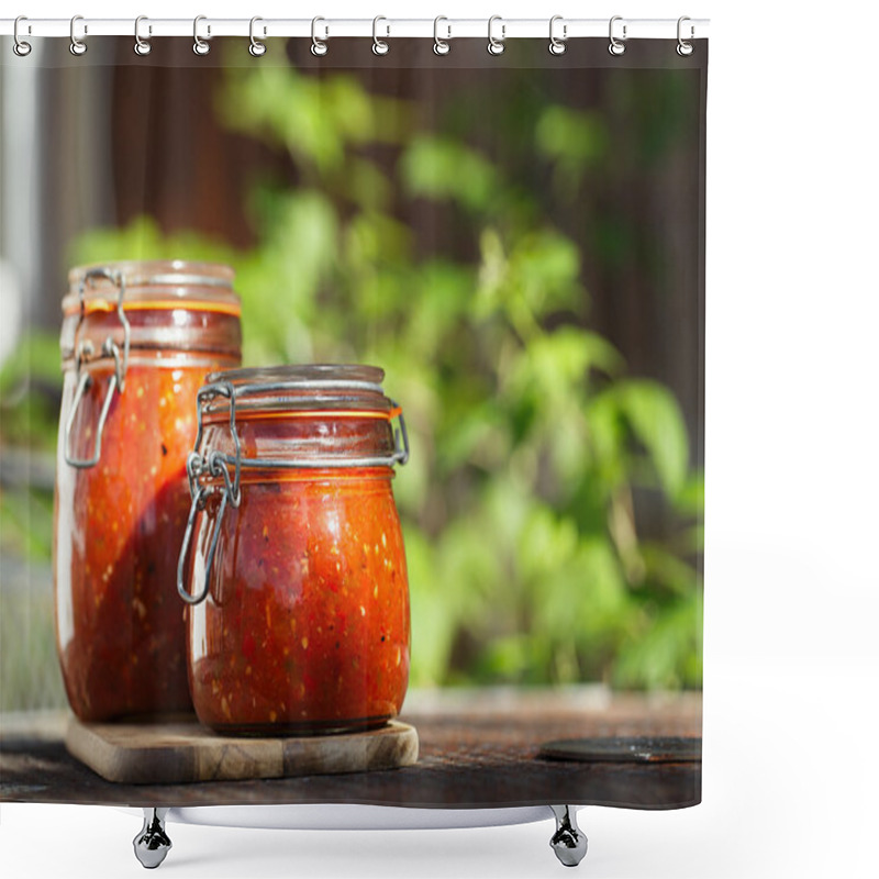 Personality  Jar Of Home Made Classic Spicy Tomato Salsa Shower Curtains