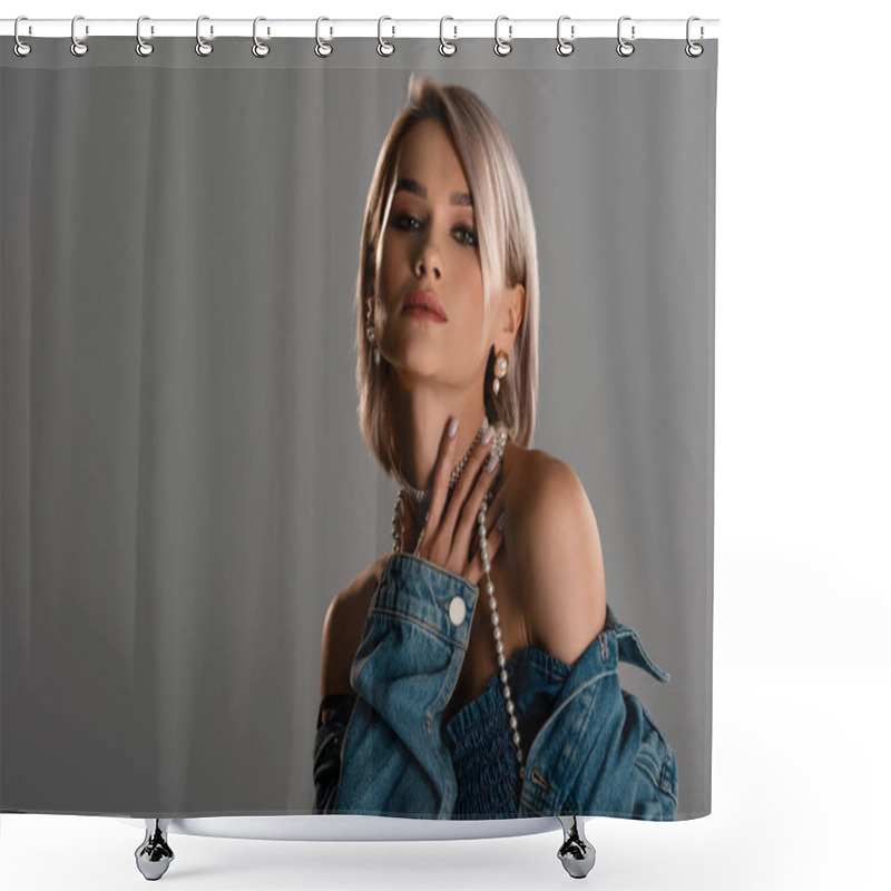 Personality  Attractive Woman In Denim Jacket Looking At Camera Isolated On Grey Shower Curtains