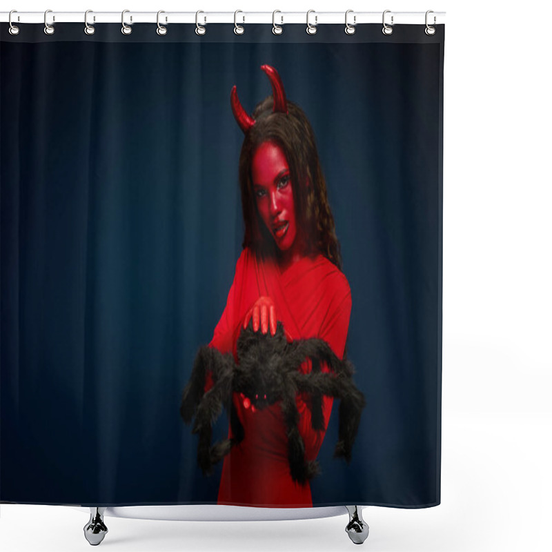 Personality  A Captivating Woman Dressed As A Devil Holds A Giant Spider, Embodying Halloween Spirit. Shower Curtains