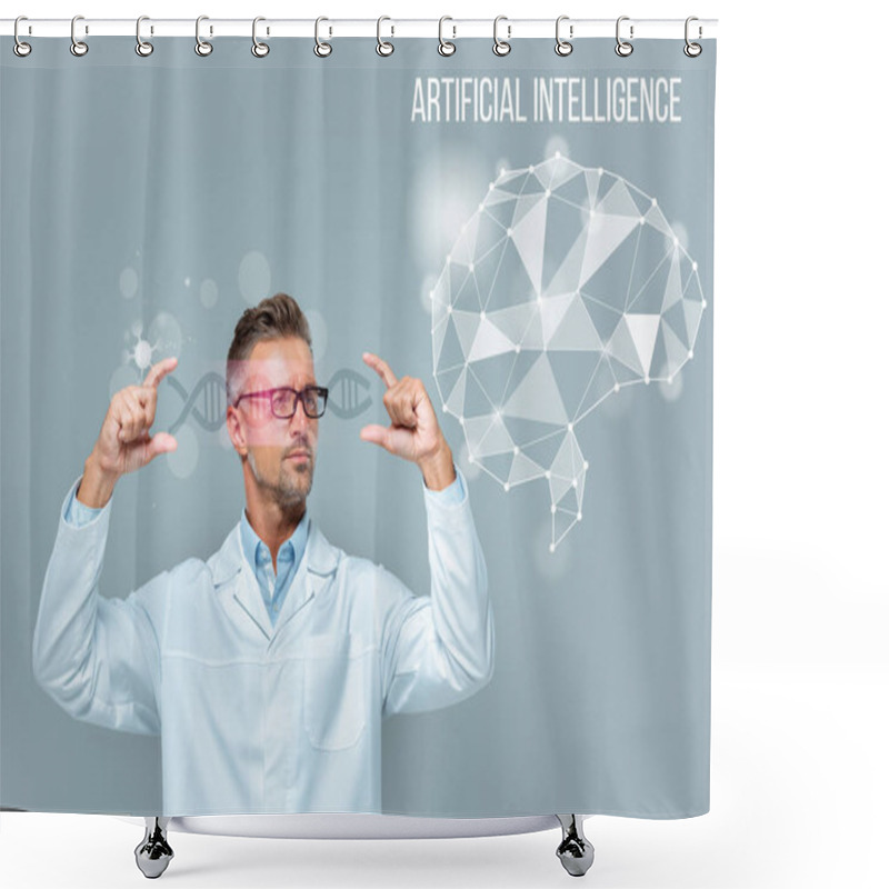 Personality  Handsome Scientist In Glasses Holding Medical Interface With Dna And Brain Isolated On Grey, Artificial Intelligence Concept Shower Curtains