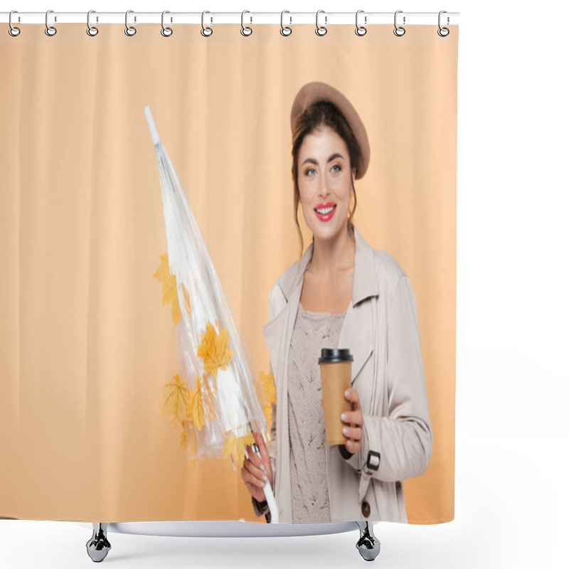 Personality  Trendy Woman In Autumn Outfit Holding Coffee To Go And Umbrella With Yellow Leaves On Peach Shower Curtains