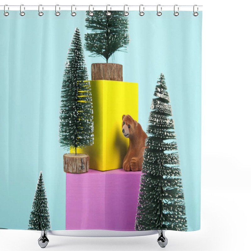 Personality  Minimal Bear, Christmas Trees And Cubes Shower Curtains