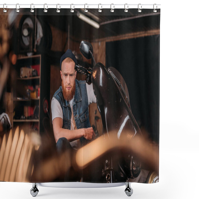 Personality  Portrait Of Handsome Young Man On Bike At Garage Shower Curtains