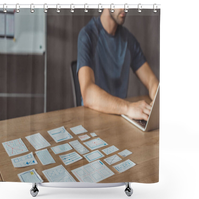 Personality  Cropped View Of Ux Developer Using Laptop Beside Designer Sketches On Table, Selective Focus Shower Curtains