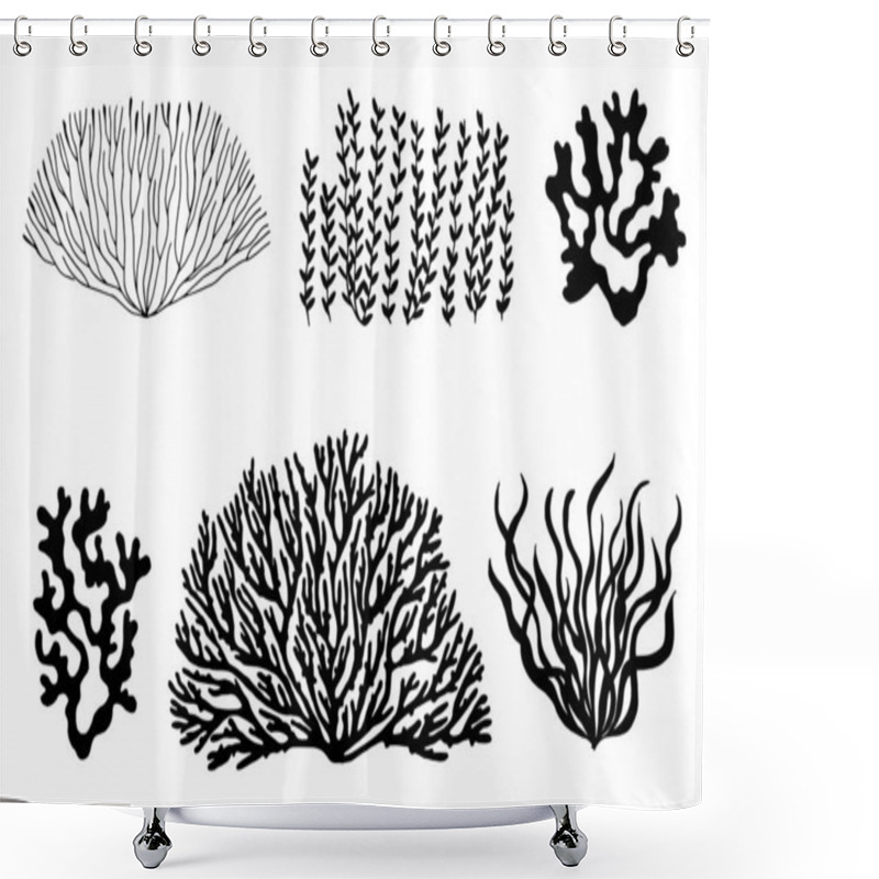 Personality  Sea Corals And Seaweed Black Silhouette. Vector Isolated Shower Curtains