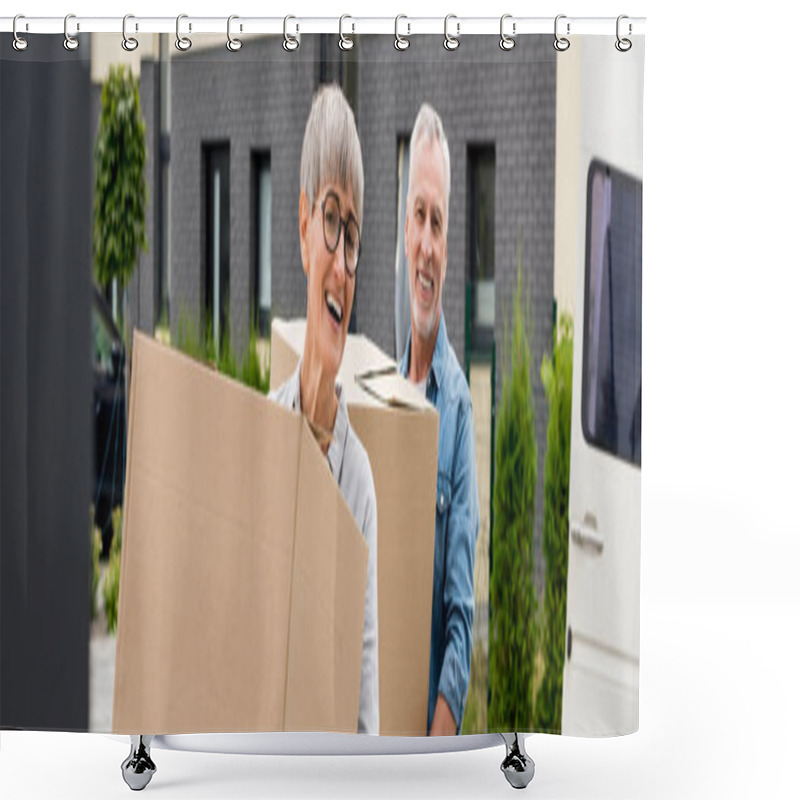 Personality  Panoramic Shot Of Mature Man And Smiling Woman Bringing Boxes To New House  Shower Curtains