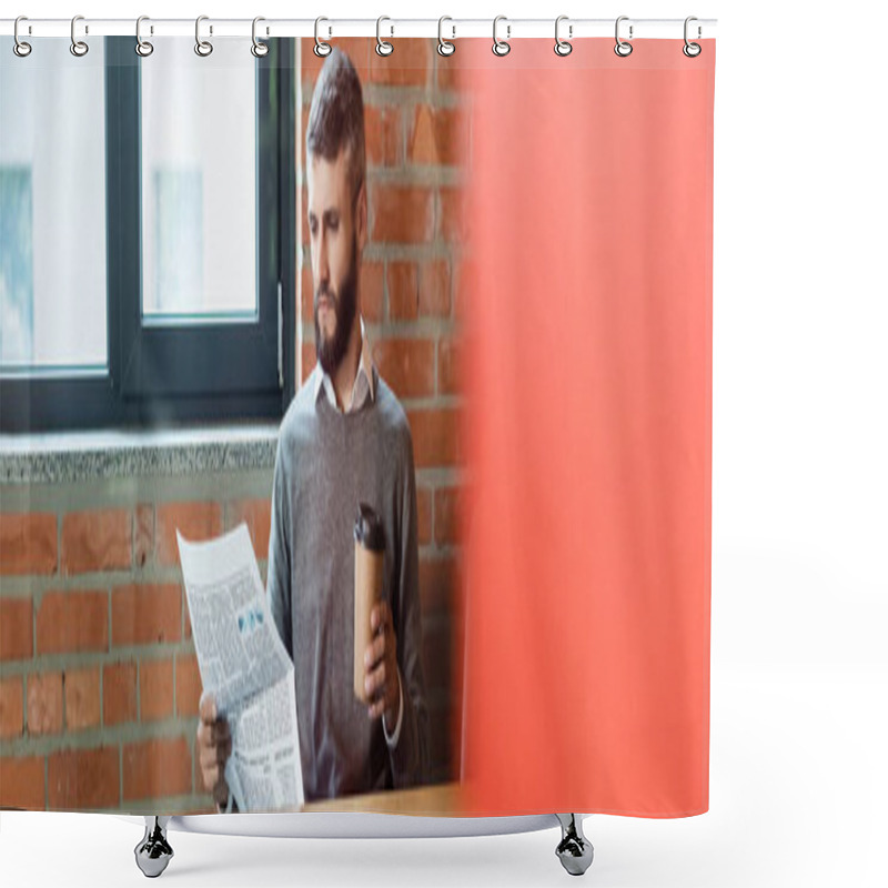 Personality  Panoramic Orientation Of Bearded Businessman Holding Paper Cup And Reading Newspaper Shower Curtains