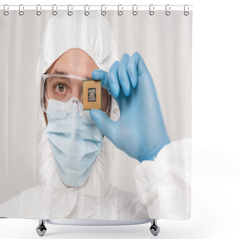 Personality  Scientist In Googles Holding Microchip In Hand Isolated On Grey  Shower Curtains