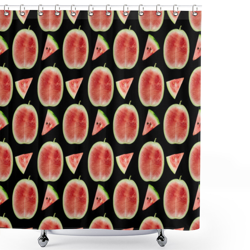 Personality  Background Pattern With Delicious Red Ripe Watermelon Slices And Halves Isolated On Black Shower Curtains