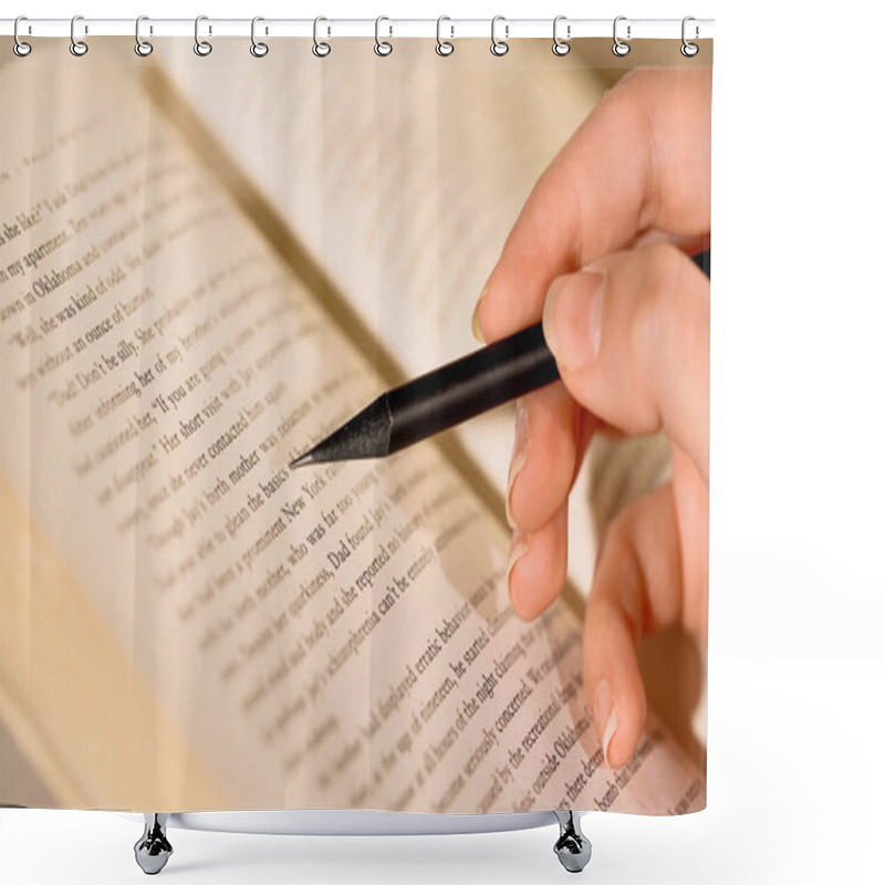 Personality  Cropped View Of Woman Holding Pencil Near Book  Shower Curtains