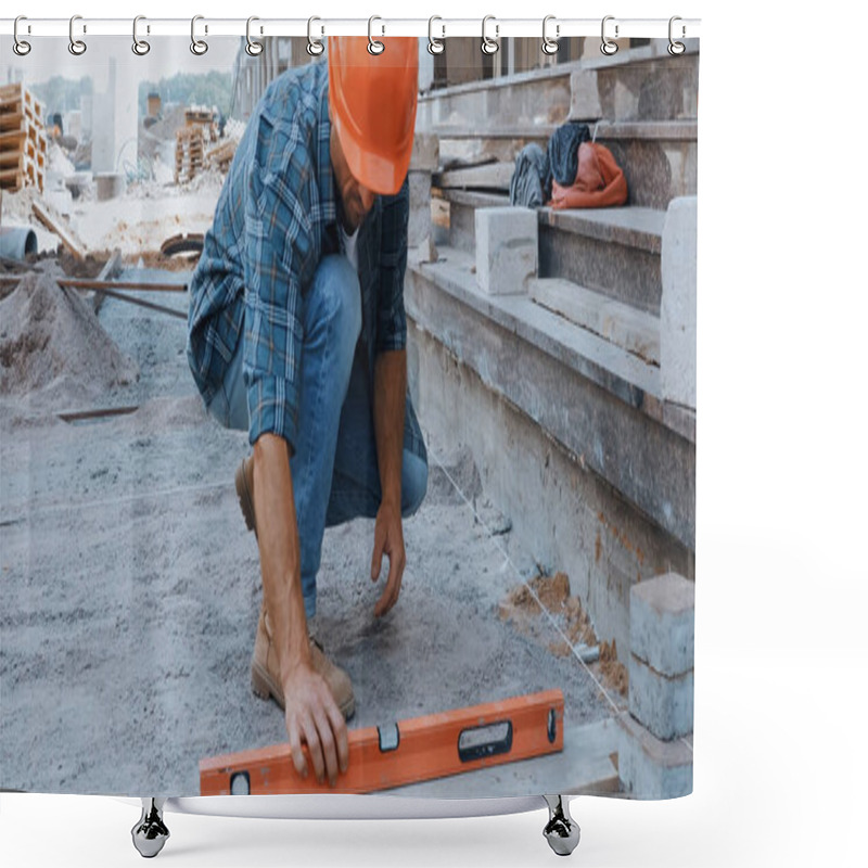 Personality  Builder In Hard Hat Measuring Ground With Building Level On Construction Site Shower Curtains