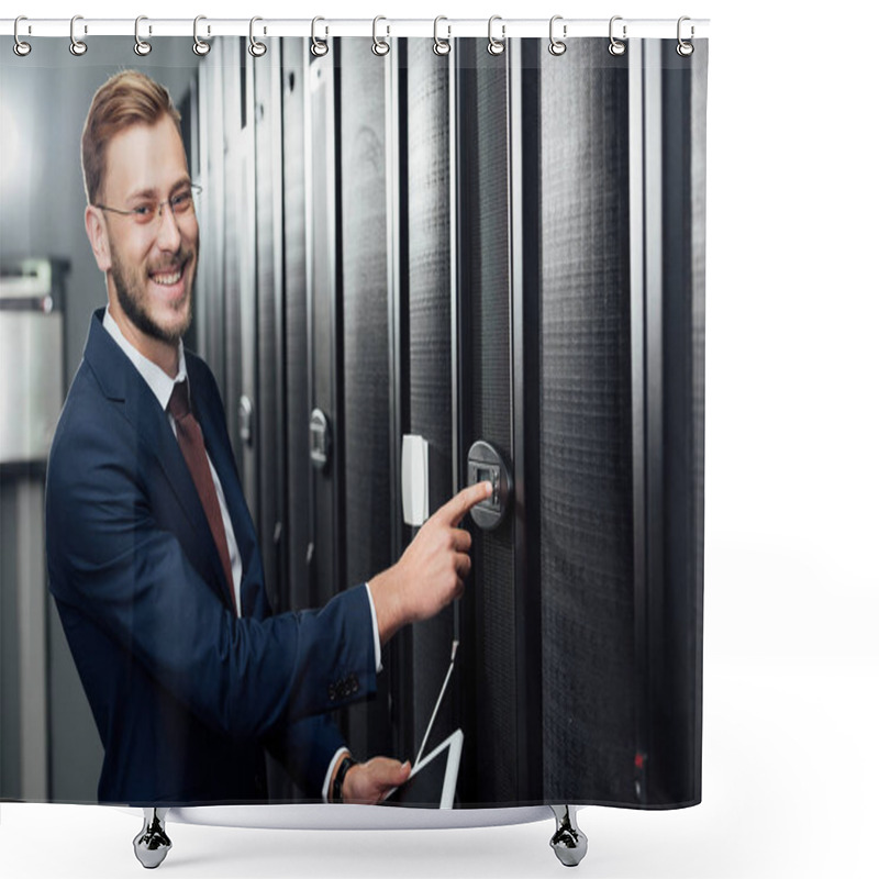 Personality  Selective Focus Of Happy Businessman In Glasses Holding Digital Tablet And Pointing With Finger At Digital Panel  Shower Curtains