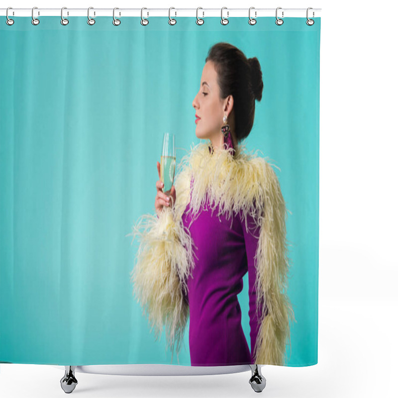 Personality  Side View Of Party Girl In Purple Dress With Feathers Holding Glass Of Champagne Isolated On Turquoise  Shower Curtains