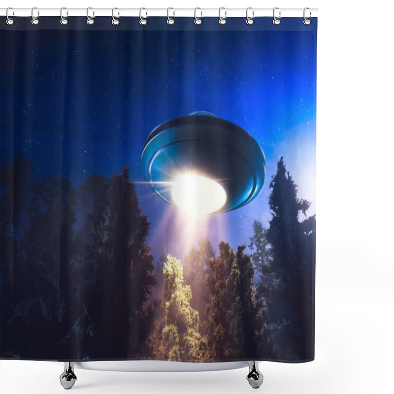 Personality  High Contrast Image Of UFO Flying Over A Forest With Light Beam At Night Shower Curtains