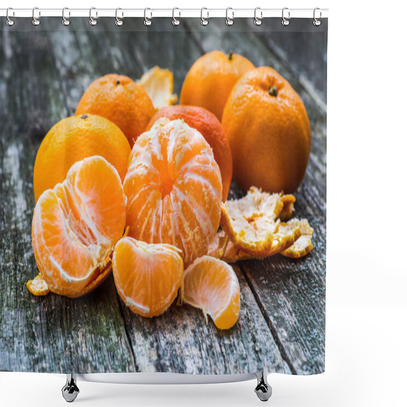 Personality  Ripe Mandarin Fruit Peeled Open And Place On Old Rustic Look Tim Shower Curtains