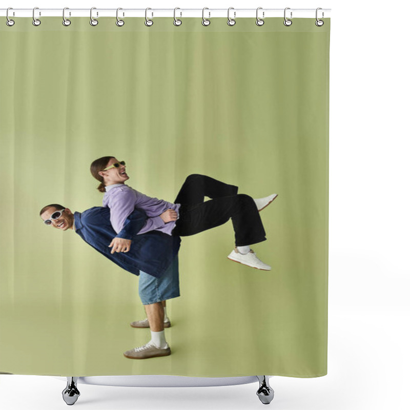 Personality  Two Men Posing Peacefully Before A Vibrant Yellow Backdrop. Shower Curtains