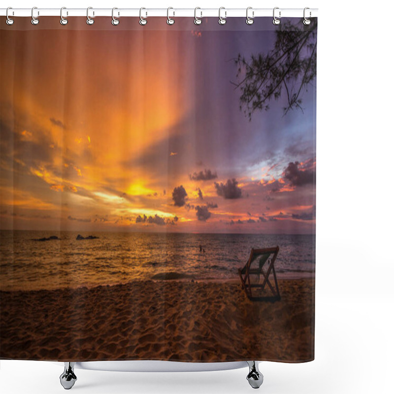 Personality  Beautiful Sunset Over A Tranquil Beach With A Lone Deck Chair On The Sand. Shower Curtains