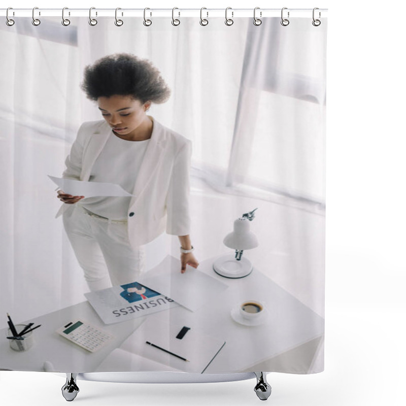 Personality  High Angle View Of Attractive African American Businesswoman Reading Document In Office Shower Curtains