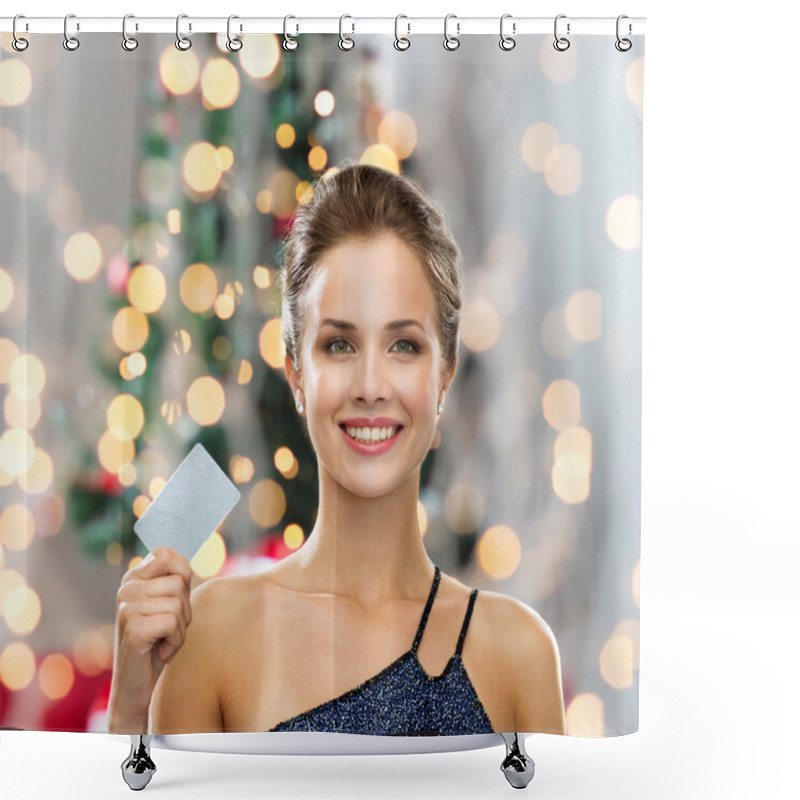 Personality  Smiling Woman In Evening Dress Holding Credit Card Shower Curtains