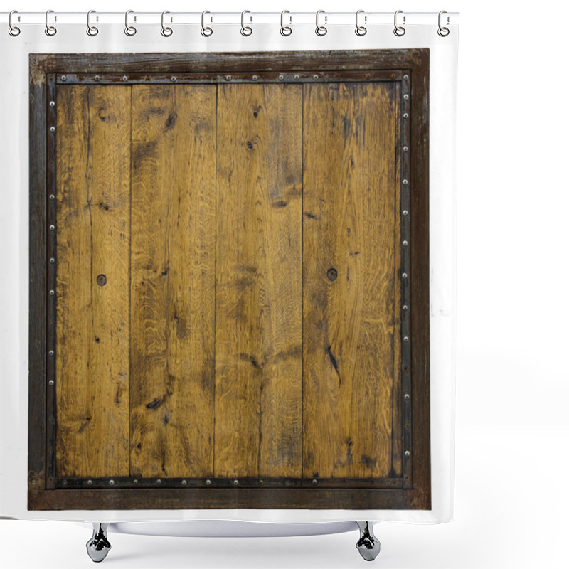 Personality  A Wooden Board Made Of Wooden Planks In A Rusty Metal Frame With Rivets Isolated On White Background Shower Curtains