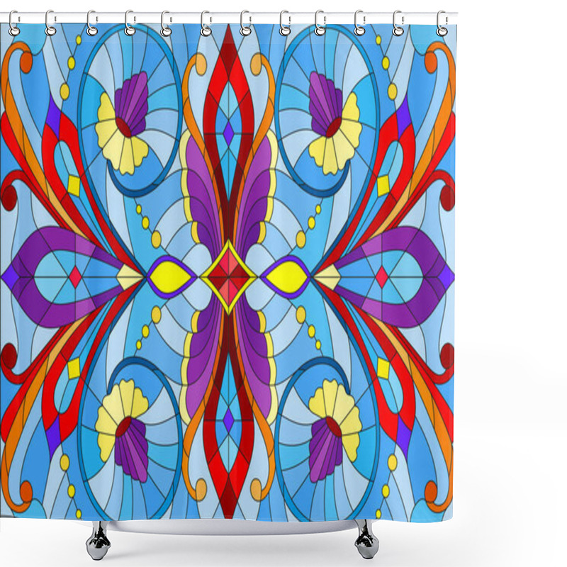 Personality  Illustration In Stained Glass Style With Abstract Flowers, Leaves And Curls On Blue Background, Horizontal Orientation Shower Curtains