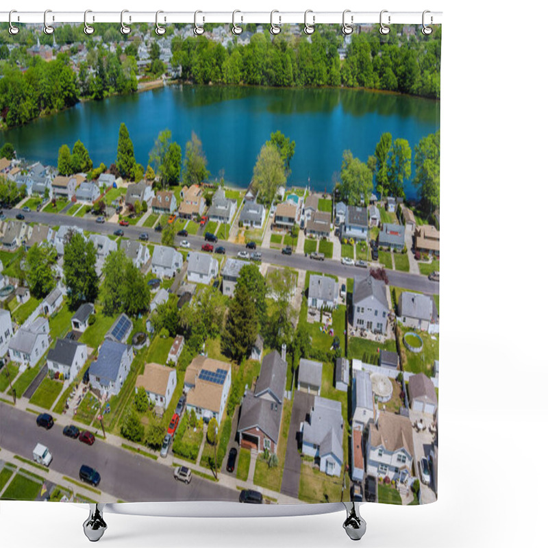 Personality  Wide Panorama, Aerial View With Tall Single Home, In The Beautiful Residential Quarters Sayreville Town Near Pond New Jersey USA Shower Curtains