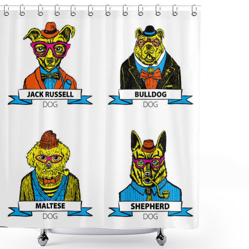 Personality  Hipster Animals Set Dog, Large Group Of Dog Breeds, Isolated Vector Shower Curtains