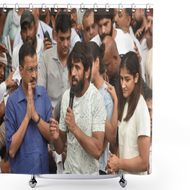 Personality  NEW DELHI INDIA: APRIL 29, 2023 - Delhi CM Arvind Kejriwal Meets Wrestlers Bajrang Punia Vinesh Phogat Sakshi Malik And Others During The Seventh Day Dharna Protest Against The Wrestling Federation Of India President Brij Bhushan Sharan Singh. Shower Curtains