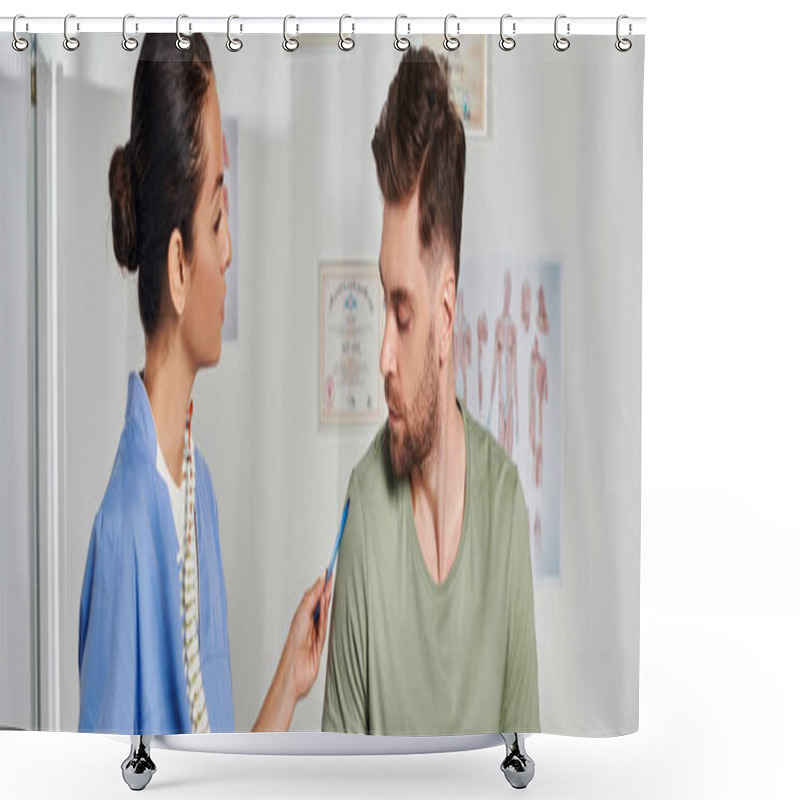 Personality  Beautiful Doctor Holding Spine Model And Consulting Her Patient On Appointment, Healthcare, Banner Shower Curtains