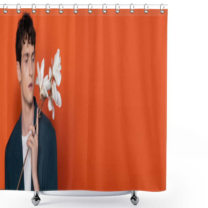 Personality  Brunette Man In Jacket Looking At Magnolia Branch On Orange Background, Banner  Shower Curtains