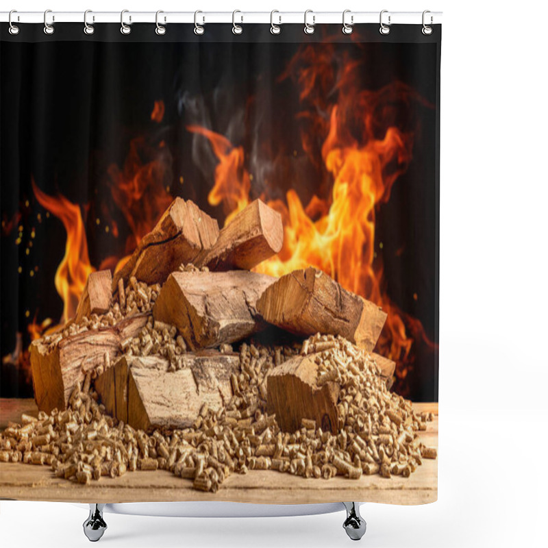 Personality  Wood Pellets And Logs With Flames In The Background Shower Curtains