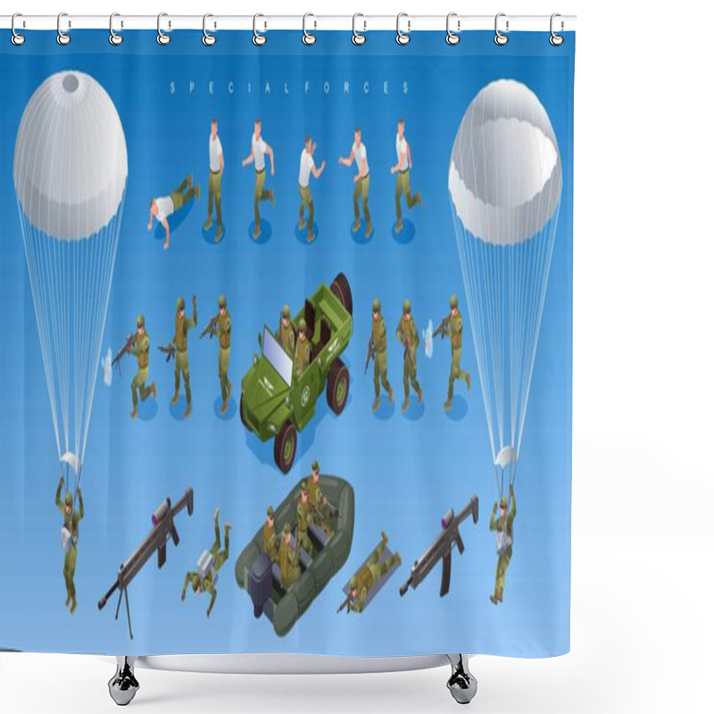 Personality  Special Forces Of Modern Army Off Road Vehicle Military Boat Soldiers Paratroopers Set Isometric Icons On Isolated Background Shower Curtains