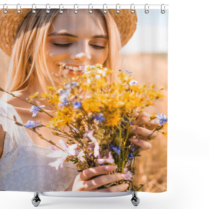 Personality  Selective Focus Of Sensual Woman In Straw Hat Holding Bouquet Of Wildflowers In Sunshine Shower Curtains