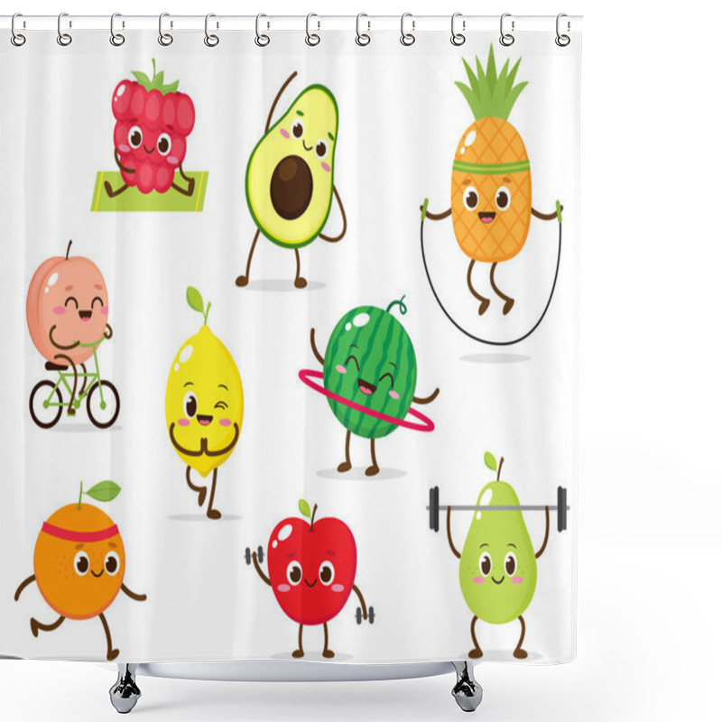 Personality  Cartoon Cute Fruit Character Doing Spot Exercises. Yoga, Runnig, Biking Food Vector Illustration Shower Curtains