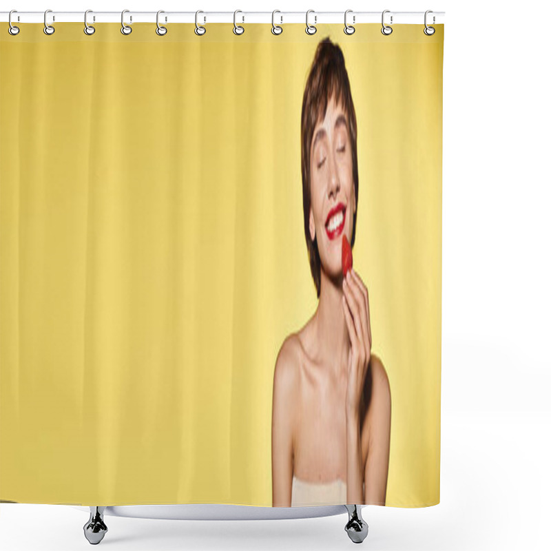 Personality  Young Woman With Closed Eyes Holding Fruit In Front Of Face. Shower Curtains