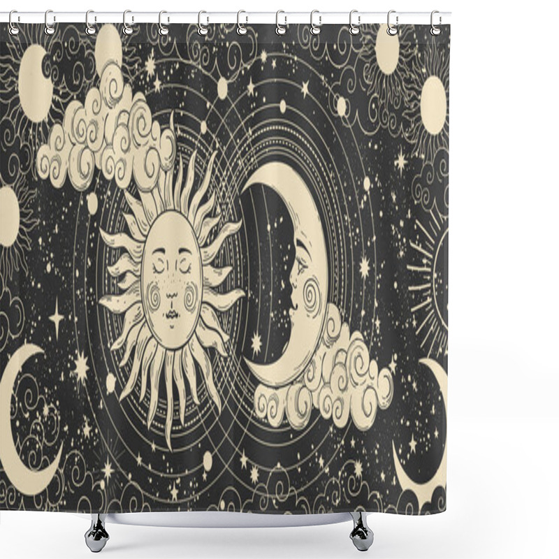 Personality  Magical Banner For Astrology, Celestial Alchemy. Heavenly Art For The Zodiac, Tarot, Device Of The Universe, Crescent Moon With A Face, Clouds, Sun With The Moon On A Black Background. Esoteric Vector Shower Curtains