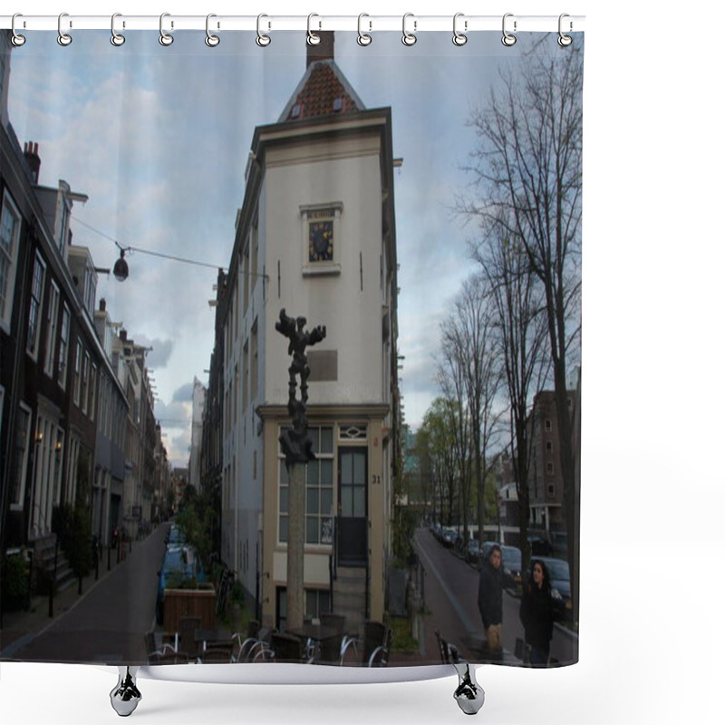 Personality  In Amsterdam, A Bronze Statue Of A Man And Woman Holding Hands Stands Facing A Clock Tower. The Scene Evokes A Possible Commemoration Of Founders Or Historical Figures. Shower Curtains