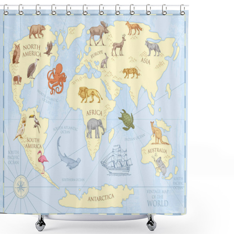 Personality  Vintage World Map With Wild Animals And Mountains. Sea Creatures In The Ocean. Old Retro Parchment. Wildlife On Earth Concept. Background Or Poster For Kids. Engraved Hand Drawn, Mainland And Island. Shower Curtains