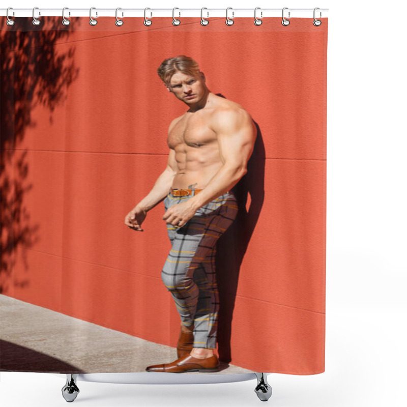 Personality  A Shirtless, Muscular Blonde Man Poses Against A Red Wall While Wearing Checkered Pants. Shower Curtains