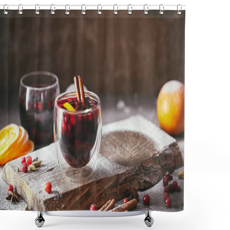 Personality  Homemade Mulled Wine With Cranberries, Orange And Cinnamon Sticks On Wooden Stand In Kitchen Shower Curtains