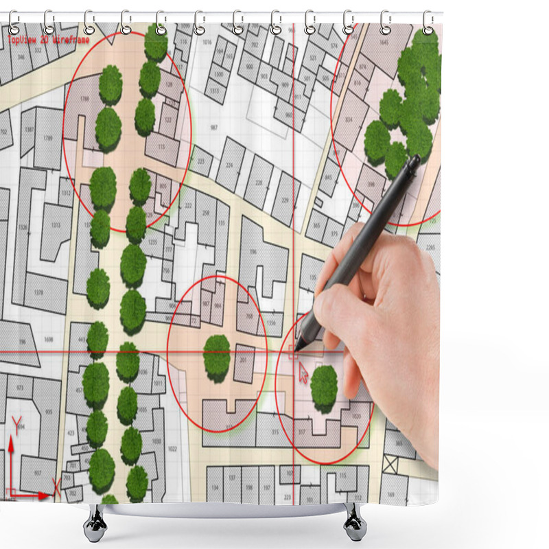 Personality  Census Of Singol, Group Or Row Trees In Cities -  Green Management And Tree Mapping Concept With Imaginary City Map With Highlighted Trees  Shower Curtains