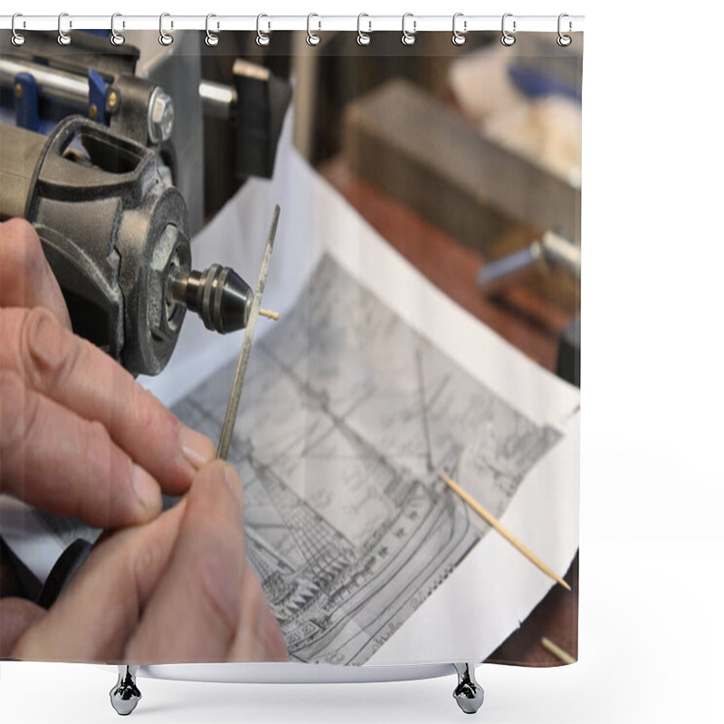 Personality  Male Hands Are Working On The Details Of A Model Of A Wooden Ship. A Man Holds A File In His Hands. In The Background Is A Drawing Of The Ship. Shower Curtains