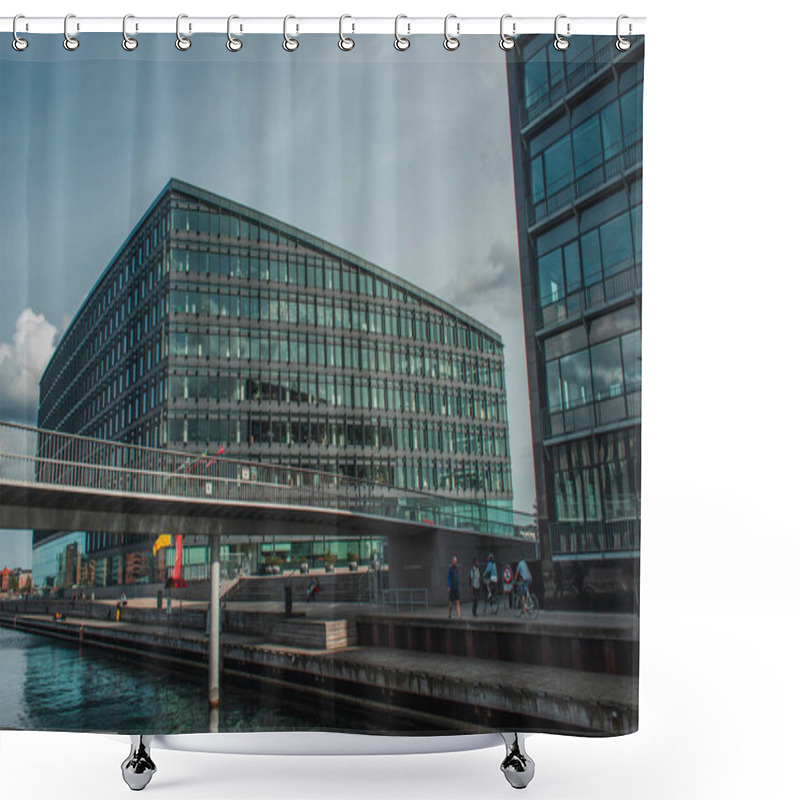 Personality  COPENHAGEN, DENMARK - APRIL 30, 2020: People On Bicycles Near Bridge And Buildings On Urban Street At Background Shower Curtains