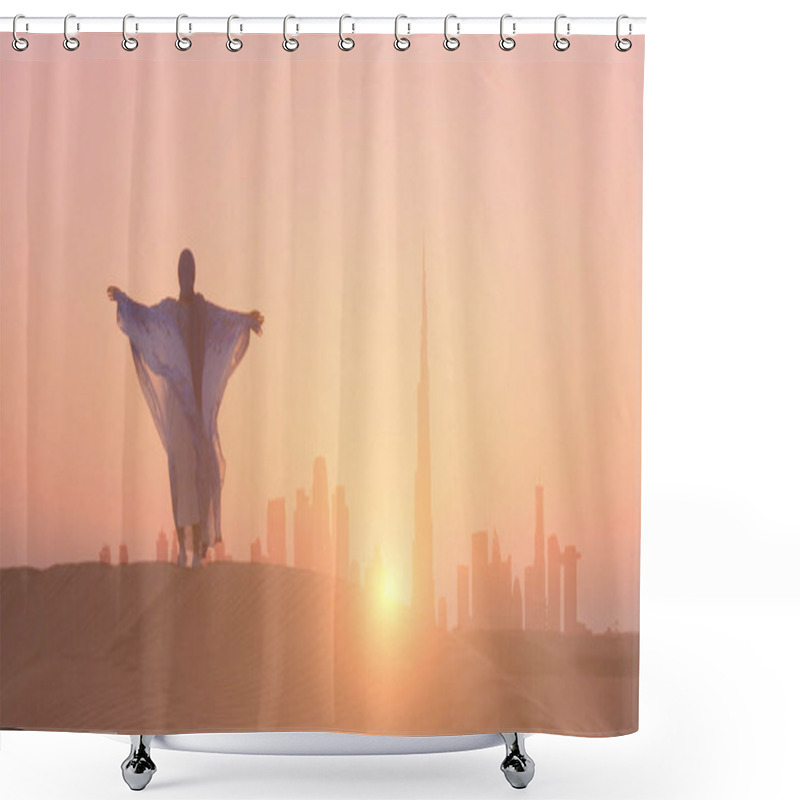 Personality  Arabic Woman Weared In Traditional UAE Dress - Abayain Rising Her Hands On The Sunset At A Desert With Dubai City Silhouette On The Background. Shower Curtains