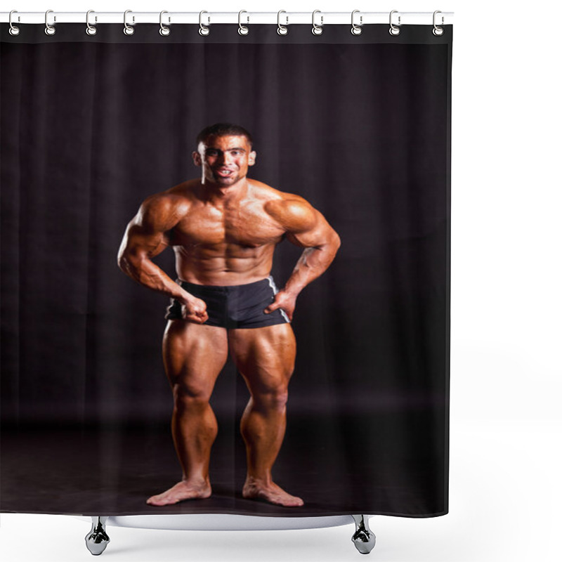 Personality  Young Bodybuilder Posing Shower Curtains