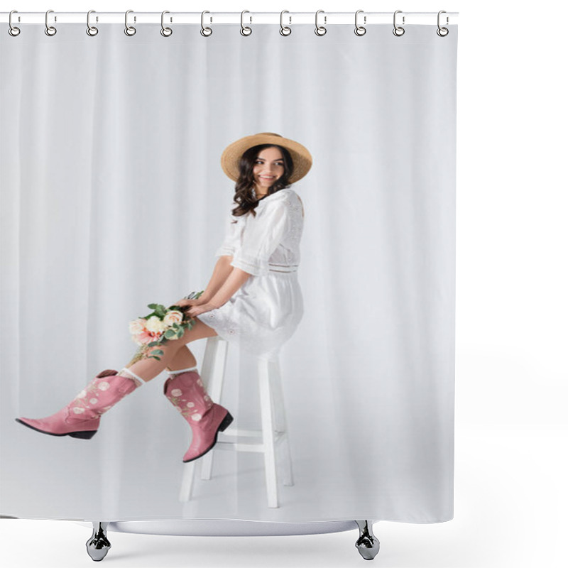 Personality  Smiling Woman In Straw Hat And Dress Sitting On Chair And Holding Bouquet Of Spring Flowers On White Shower Curtains